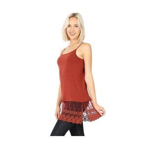 Zenana Women's Long Line Lace Bottom Camisole - Rust Spaghetti Strap Tank Size M